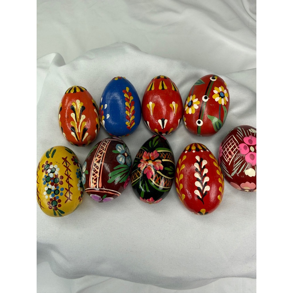 Vintage Hand Painted Wooden Easter Eggs Folk Art Floral Pysanky Style Set of 9